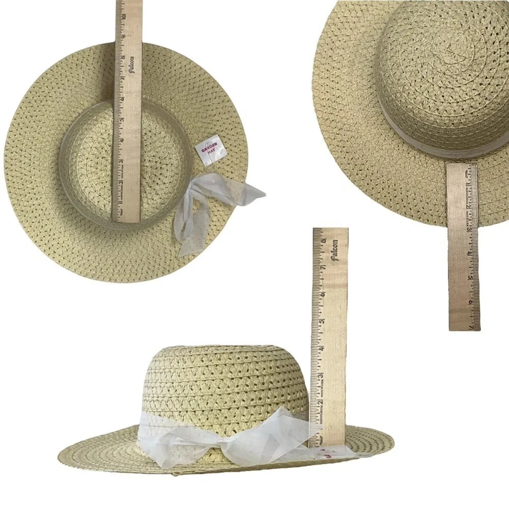 Straw Sun Garden Beach Hat Floppy Wide Brim White Ribbon Neutral Yellow Women OS - Picture 3 of 16